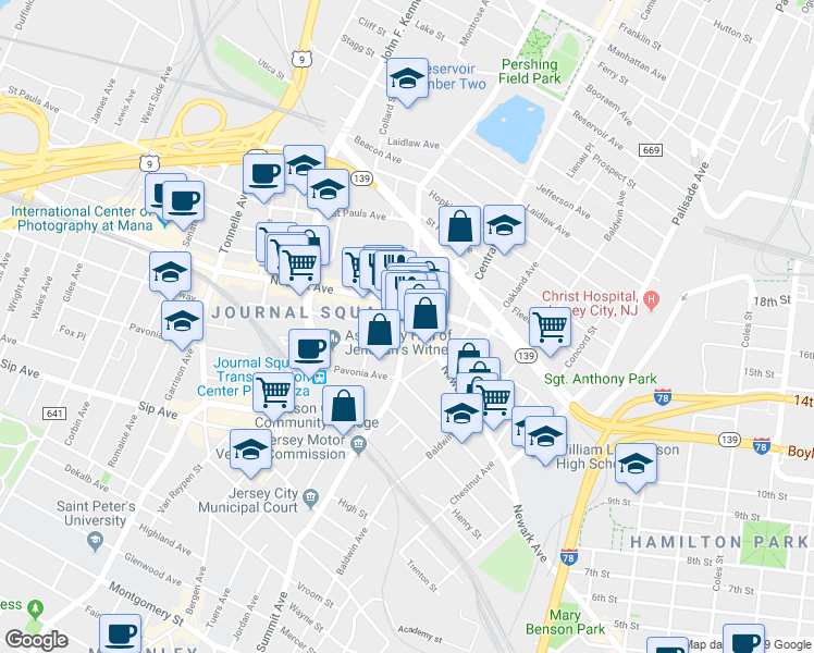 map of restaurants, bars, coffee shops, grocery stores, and more near 668 County Road 639 in Jersey City