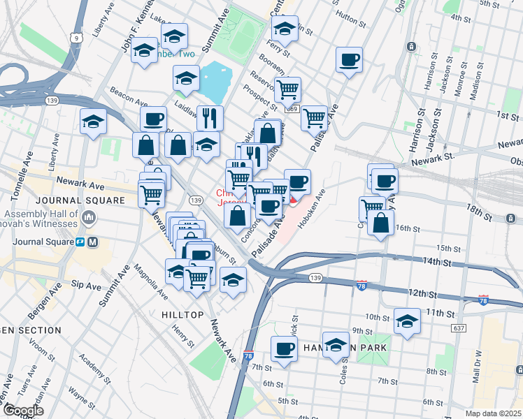map of restaurants, bars, coffee shops, grocery stores, and more near 22 Saint Pauls Avenue in Jersey City