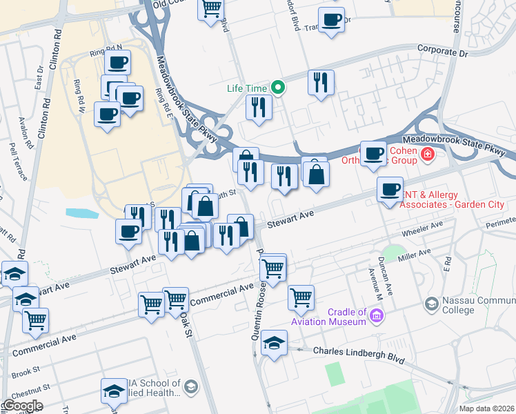map of restaurants, bars, coffee shops, grocery stores, and more near 1 South Street in Garden City