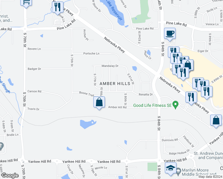 map of restaurants, bars, coffee shops, grocery stores, and more near 7910 Renatta Drive in Lincoln