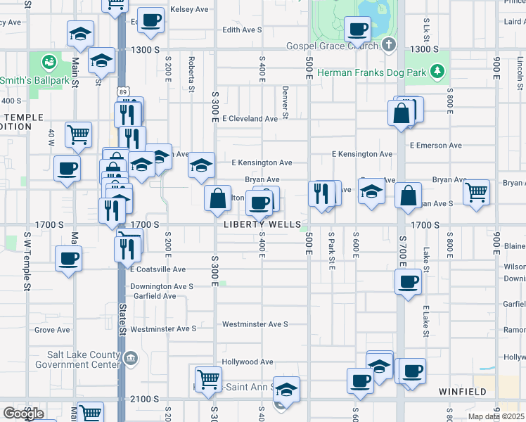 map of restaurants, bars, coffee shops, grocery stores, and more near 197 Logan Avenue in Salt Lake City