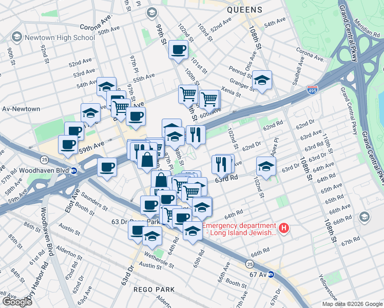 map of restaurants, bars, coffee shops, grocery stores, and more near 63-45 98th Street in Queens