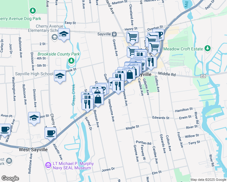 map of restaurants, bars, coffee shops, grocery stores, and more near 195 West Main Street in Sayville