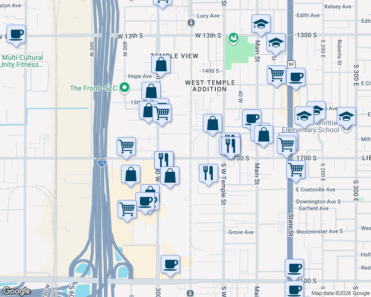 map of restaurants, bars, coffee shops, grocery stores, and more near 230 West 1700 South in Salt Lake City