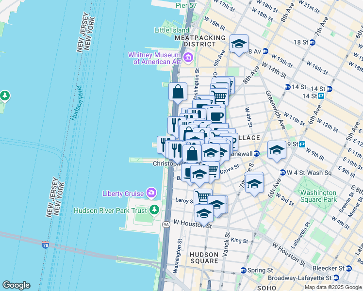 map of restaurants, bars, coffee shops, grocery stores, and more near 410 West Street in New York