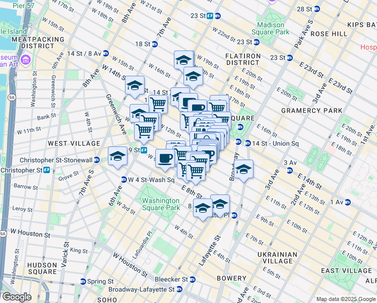 map of restaurants, bars, coffee shops, grocery stores, and more near 50 5th Avenue in New York