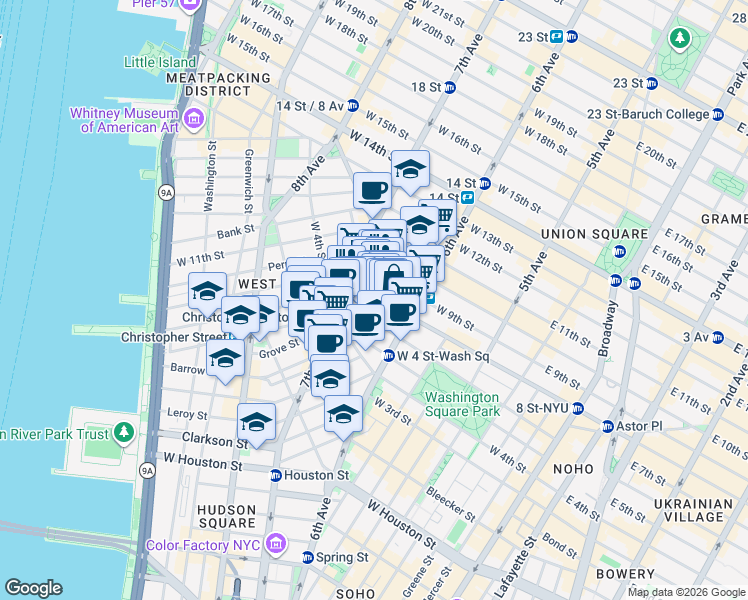 map of restaurants, bars, coffee shops, grocery stores, and more near 169 Waverly Place in New York