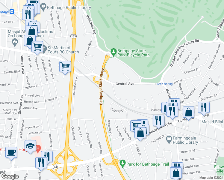 map of restaurants, bars, coffee shops, grocery stores, and more near 1050 Merritts Road in Farmingdale