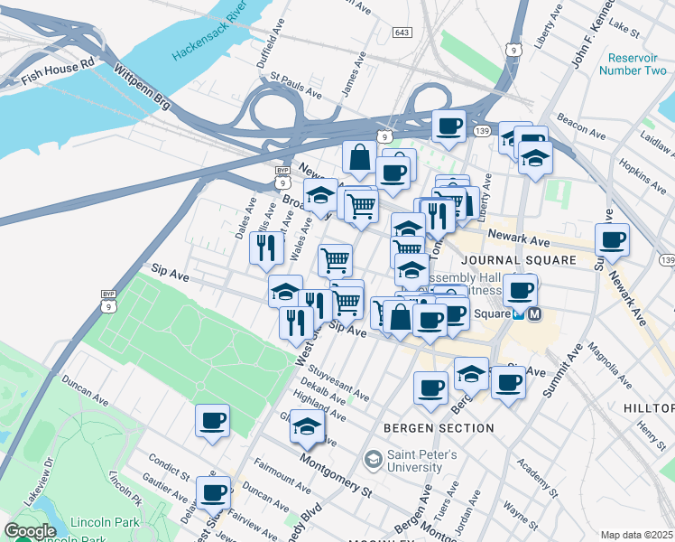 map of restaurants, bars, coffee shops, grocery stores, and more near 1015 County Road 641 in Jersey City