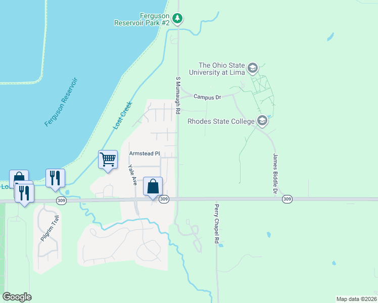 map of restaurants, bars, coffee shops, grocery stores, and more near 485 South Mumaugh Road in Lima