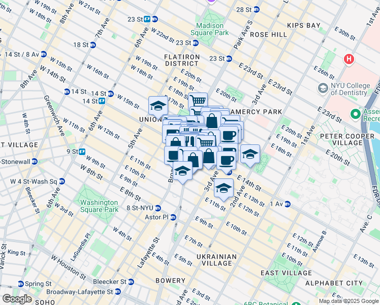 map of restaurants, bars, coffee shops, grocery stores, and more near 145 4th Avenue in New York