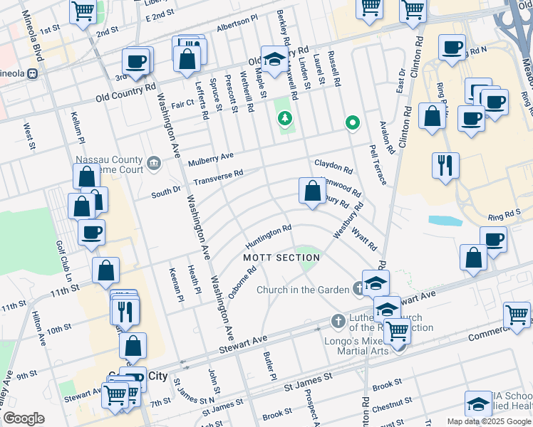 map of restaurants, bars, coffee shops, grocery stores, and more near 46 Wyatt Road in Garden City