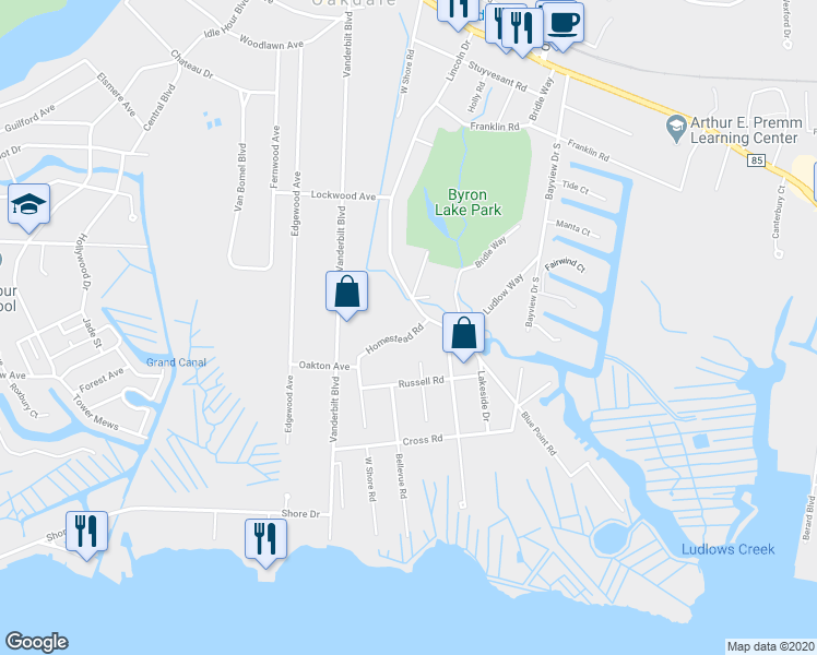 map of restaurants, bars, coffee shops, grocery stores, and more near 139 Homestead Road in Oakdale