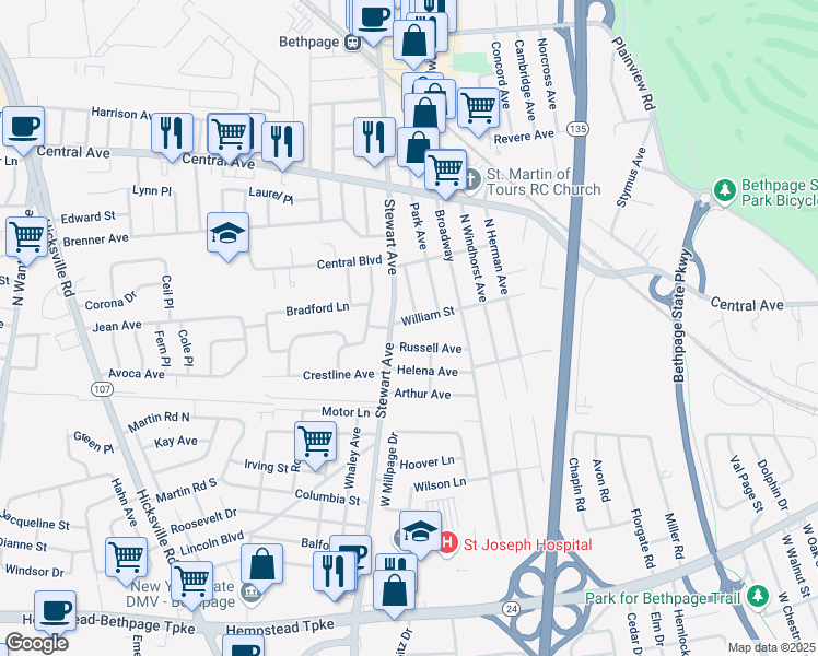 map of restaurants, bars, coffee shops, grocery stores, and more near 12 William Street in Bethpage