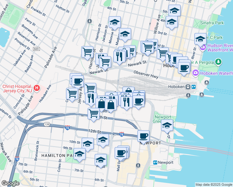 map of restaurants, bars, coffee shops, grocery stores, and more near Marin Blvd & 18th St in Jersey City
