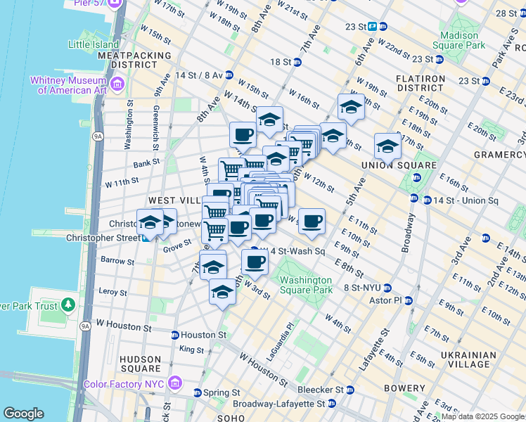 map of restaurants, bars, coffee shops, grocery stores, and more near 58 1/2 West 8th Street in New York