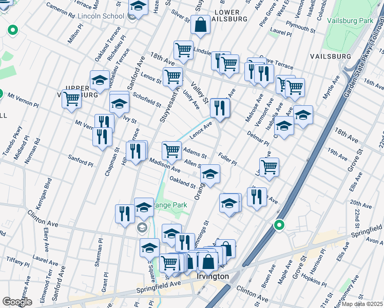map of restaurants, bars, coffee shops, grocery stores, and more near 35 Adams Street in Irvington