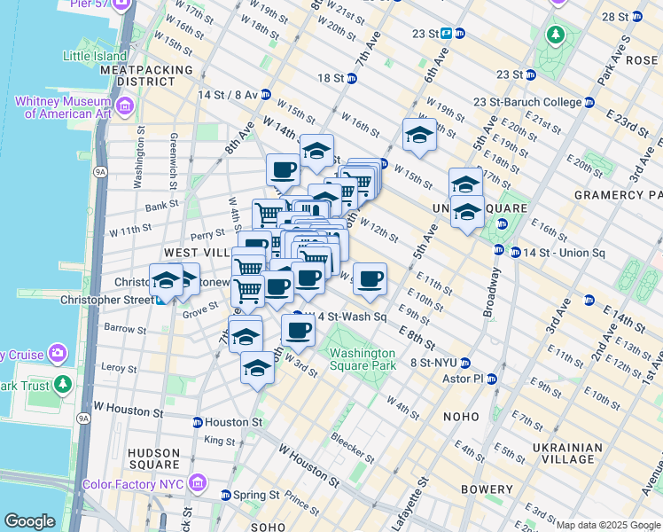 map of restaurants, bars, coffee shops, grocery stores, and more near 58 1/2 West 8th Street in New York