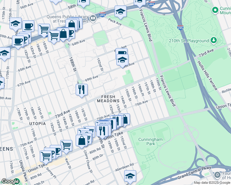 map of restaurants, bars, coffee shops, grocery stores, and more near 73-03 193rd Street in Queens
