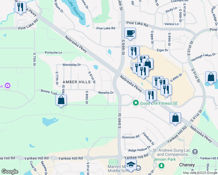 map of restaurants, bars, coffee shops, grocery stores, and more near 8360 Renatta Drive in Lincoln