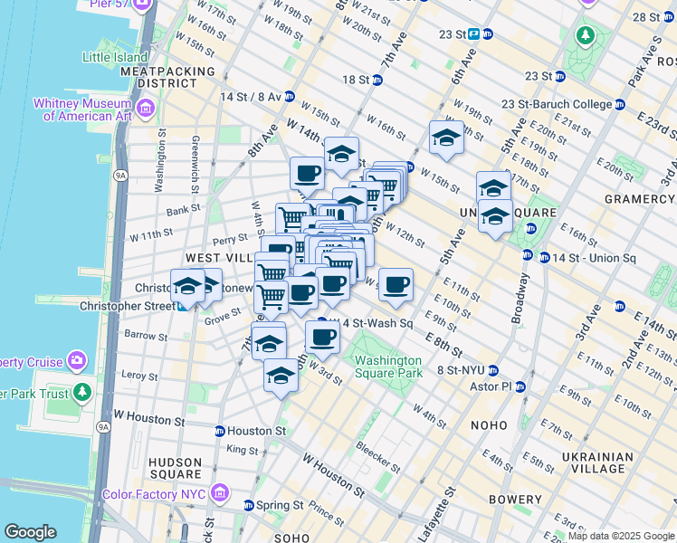 map of restaurants, bars, coffee shops, grocery stores, and more near 58 1/2 West 8th Street in New York
