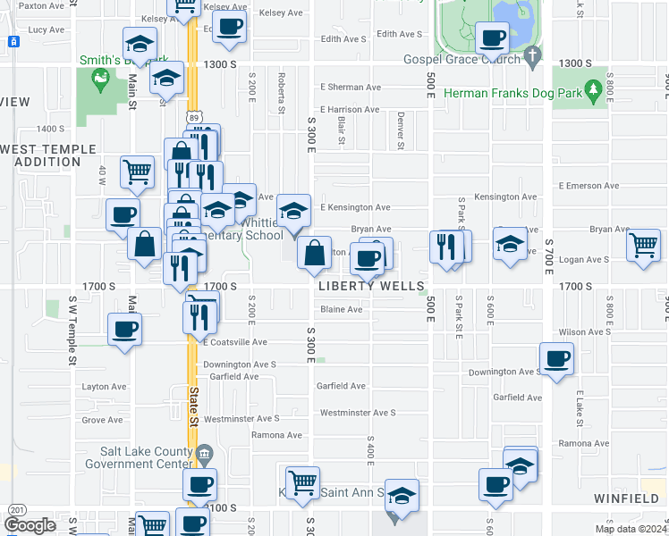 map of restaurants, bars, coffee shops, grocery stores, and more near in Salt Lake City