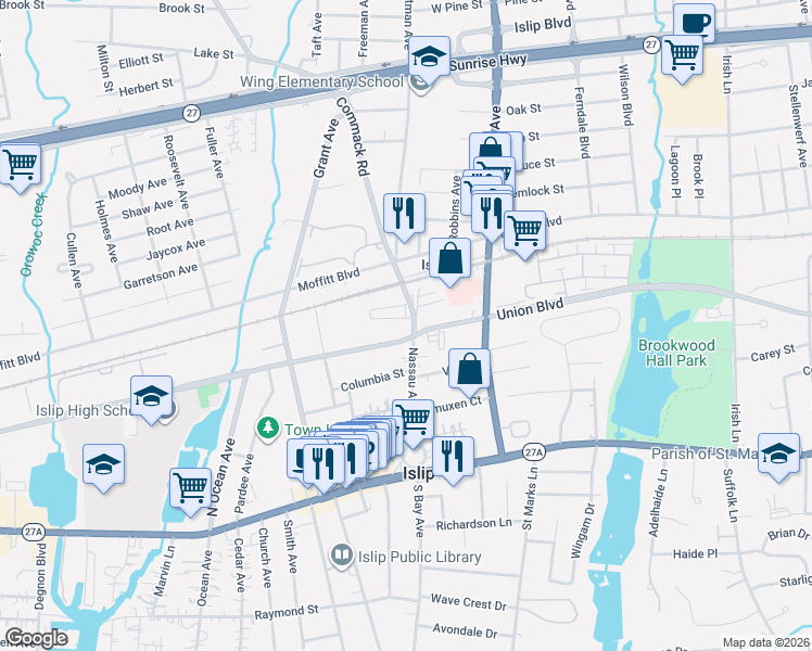 map of restaurants, bars, coffee shops, grocery stores, and more near 111 Nassau Avenue in Islip