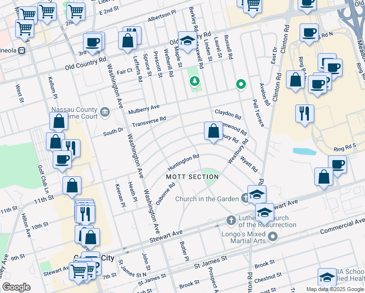 map of restaurants, bars, coffee shops, grocery stores, and more near 46 Wyatt Road in Garden City