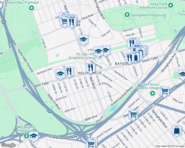 map of restaurants, bars, coffee shops, grocery stores, and more near in Queens