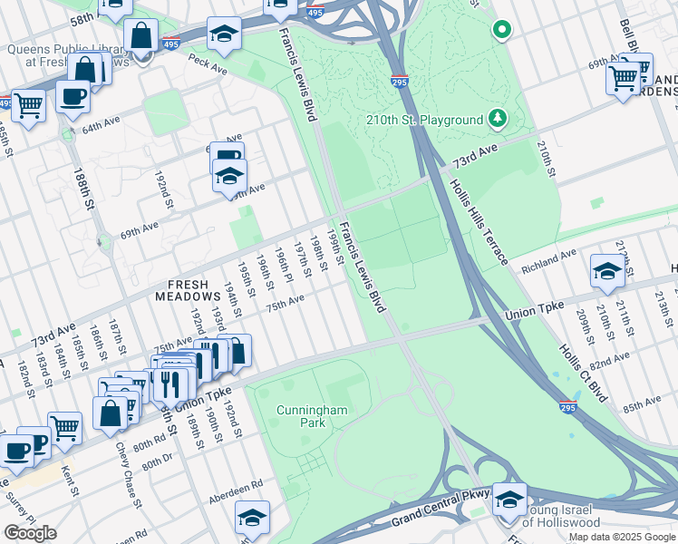 map of restaurants, bars, coffee shops, grocery stores, and more near 73-70 199th Street in Queens