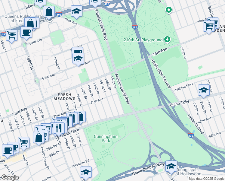 map of restaurants, bars, coffee shops, grocery stores, and more near 73-70 199th Street in Queens