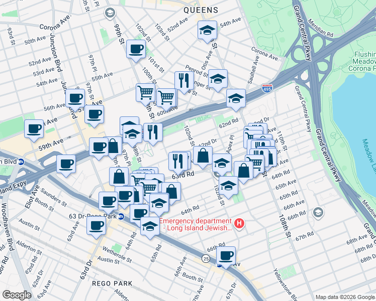 map of restaurants, bars, coffee shops, grocery stores, and more near 62-58 102nd Street in Queens