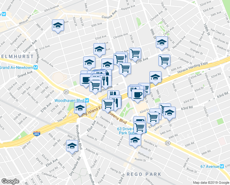 map of restaurants, bars, coffee shops, grocery stores, and more near 94-10 60th Avenue in Queens