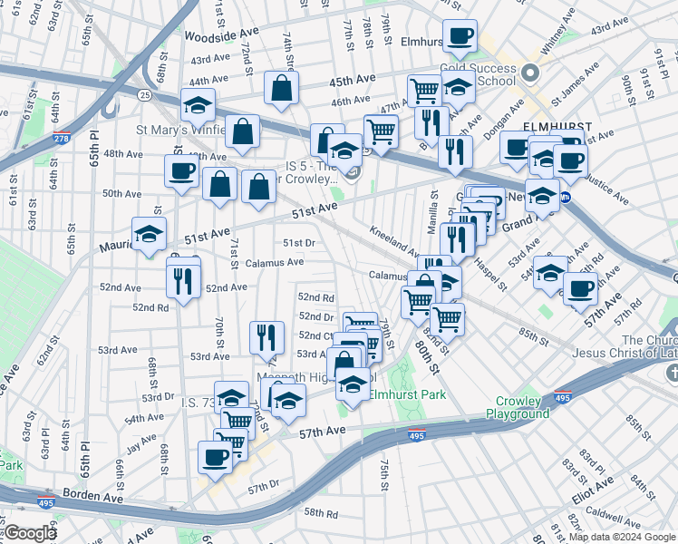 map of restaurants, bars, coffee shops, grocery stores, and more near 73-49 52nd Avenue in Queens