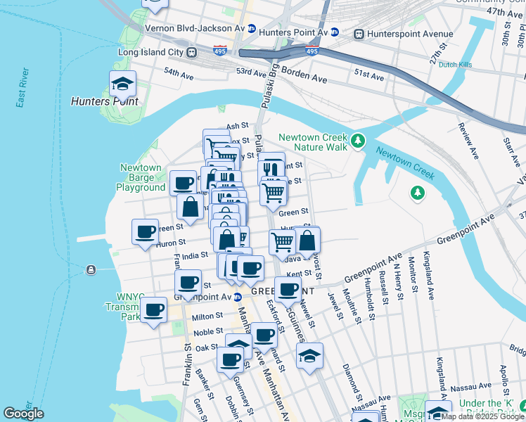 map of restaurants, bars, coffee shops, grocery stores, and more near 207 Green Street in Brooklyn