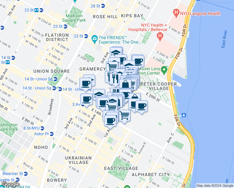 map of restaurants, bars, coffee shops, grocery stores, and more near in New York