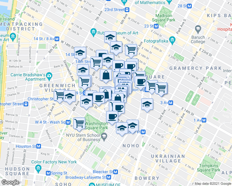 map of restaurants, bars, coffee shops, grocery stores, and more near in New York