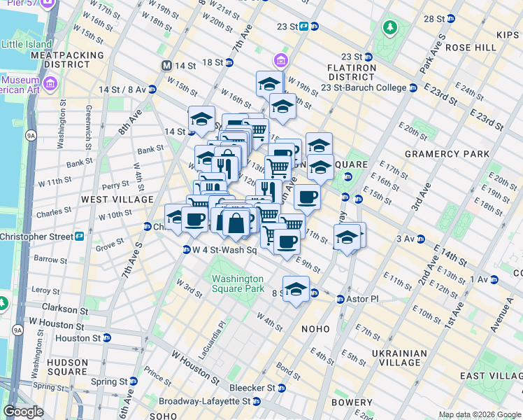 map of restaurants, bars, coffee shops, grocery stores, and more near 19 West 10th Street in New York