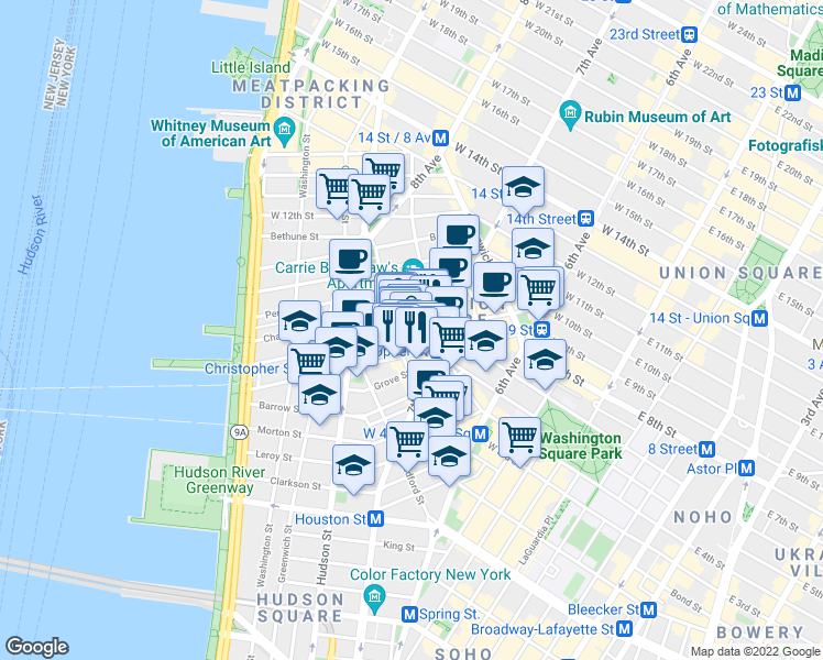 map of restaurants, bars, coffee shops, grocery stores, and more near 341 Bleecker Street in New York