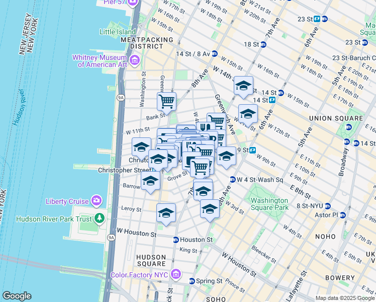 map of restaurants, bars, coffee shops, grocery stores, and more near 341 Bleecker Street in New York