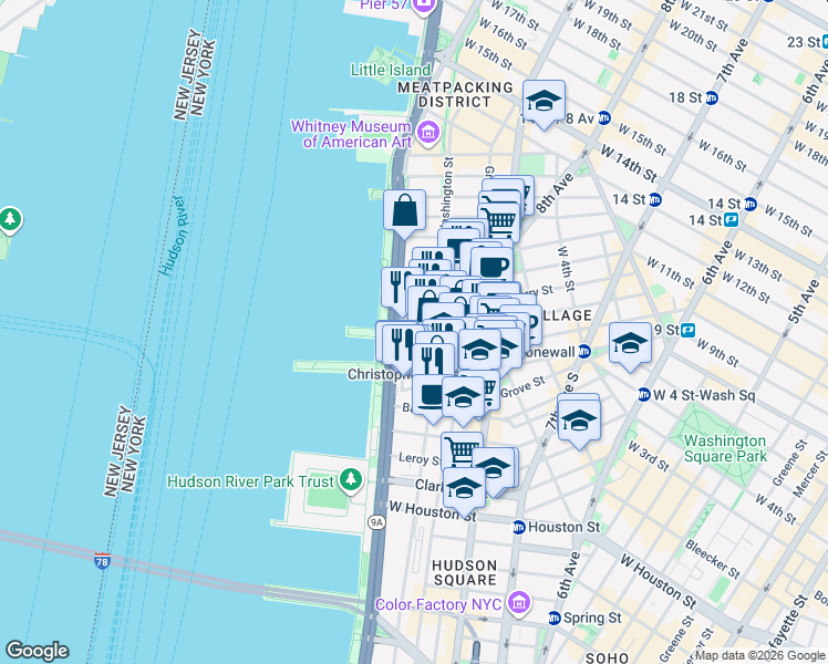map of restaurants, bars, coffee shops, grocery stores, and more near 410 West Street in New York