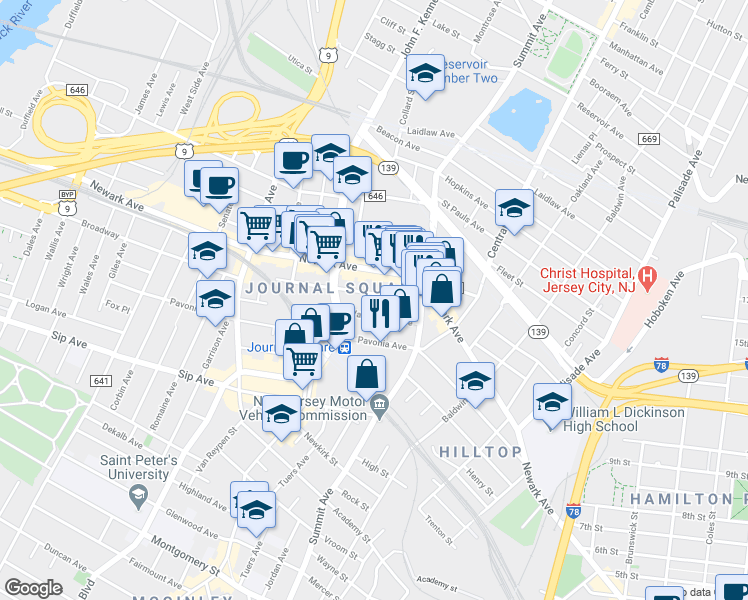 map of restaurants, bars, coffee shops, grocery stores, and more near 36 Van Reipen Avenue in Jersey City