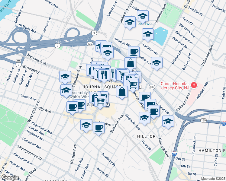 map of restaurants, bars, coffee shops, grocery stores, and more near 36 Van Reipen Avenue in Jersey City