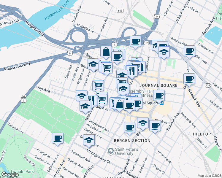 map of restaurants, bars, coffee shops, grocery stores, and more near 110 Corbin Avenue in Jersey City
