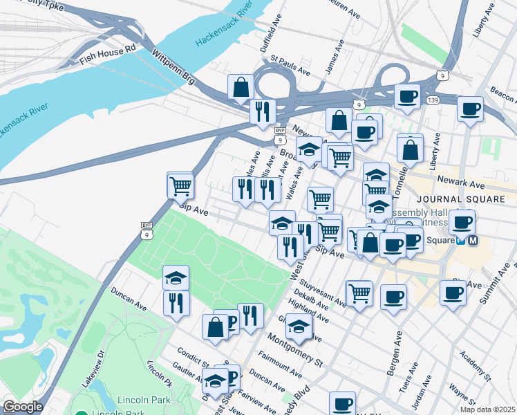 map of restaurants, bars, coffee shops, grocery stores, and more near 83 Logan Avenue in Jersey City
