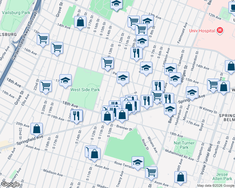map of restaurants, bars, coffee shops, grocery stores, and more near 12 Belgium Street in Newark