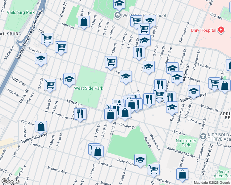map of restaurants, bars, coffee shops, grocery stores, and more near 12 Belgium Street in Newark