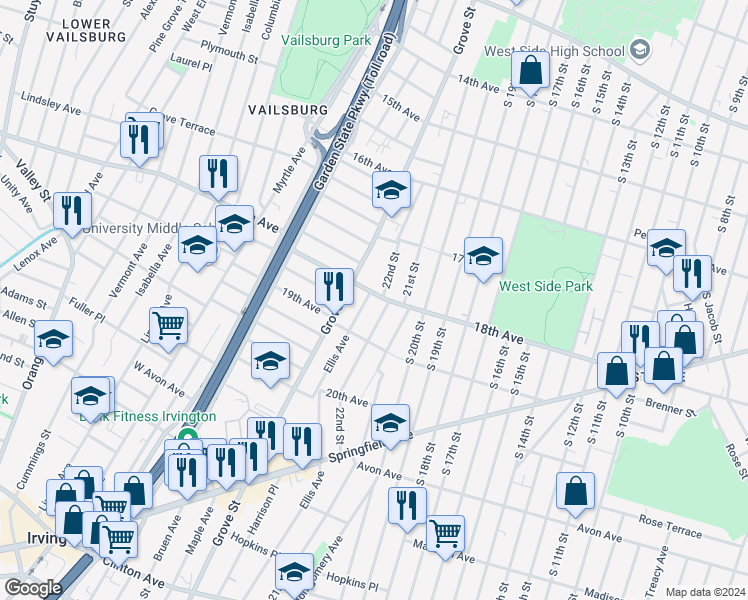 map of restaurants, bars, coffee shops, grocery stores, and more near 312 Ellis Avenue in Irvington