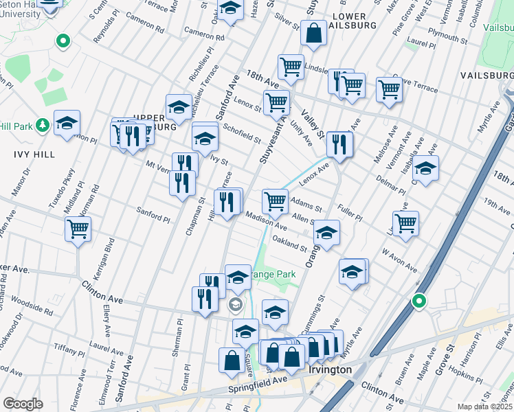map of restaurants, bars, coffee shops, grocery stores, and more near 290 Madison Avenue in Irvington