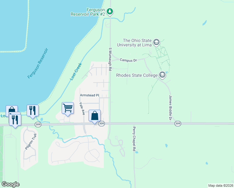 map of restaurants, bars, coffee shops, grocery stores, and more near 485 South Mumaugh Road in Lima